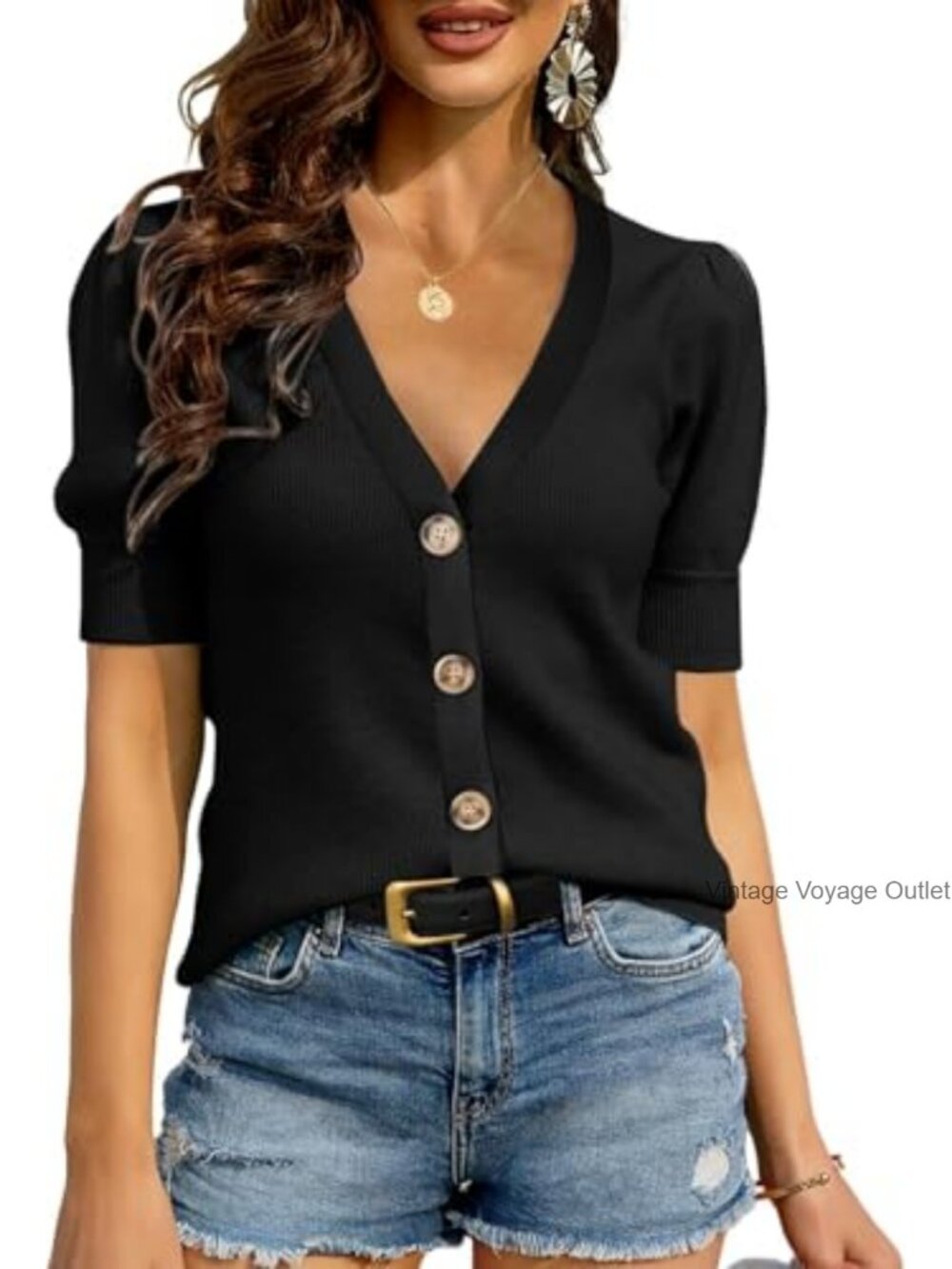 Puff Short Sleeve Ribbed Knit Sweater Blouse